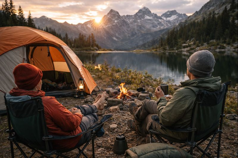 Dos campistas relajándose en sillas junto a una tienda cerca de un lago de montaña al atardecer, con una fogata y luz natural cálida.