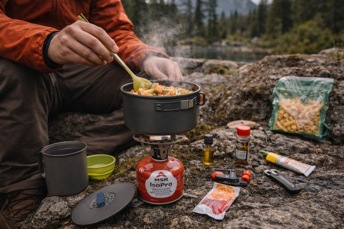 Cocina de camping junto a un lago: persona preparando comida en un hornillo portátil con olla humeante y utensilios sobre rocas, luz natural.
