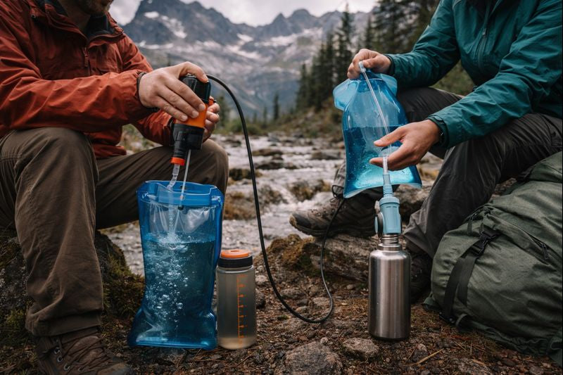 Dos senderistas filtrando agua en un arroyo de montaña, llenando botellas y bolsas de hidratación con equipo de purificación, luz natural.
