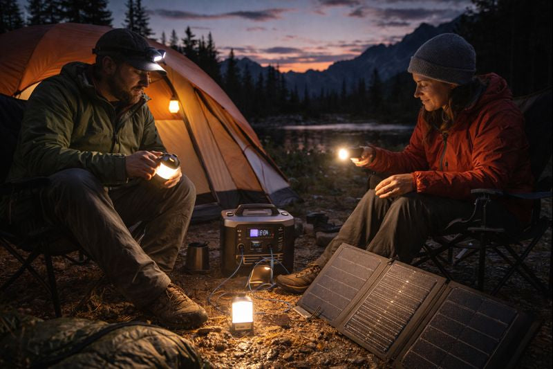Campamento al anochecer con tienda iluminada, linterna y equipo de carga (panel solar y estación de energía) sobre suelo rocoso, luz natural tenue.