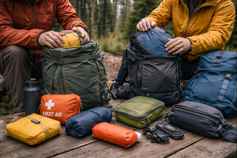 Dos aventureros organizando mochilas y cubos de embalaje sobre una mesa de camping en un bosque de pinos, con equipo ordenado y luz natural.