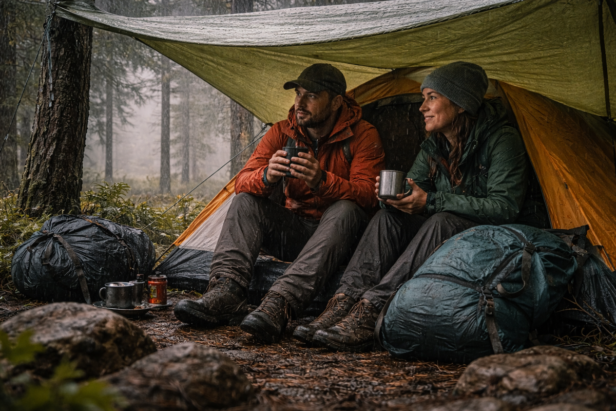 Dos campistas bajo una lona en un bosque lluvioso, sentados junto a una tienda con equipo mojado y tazas calientes, luz natural gris.