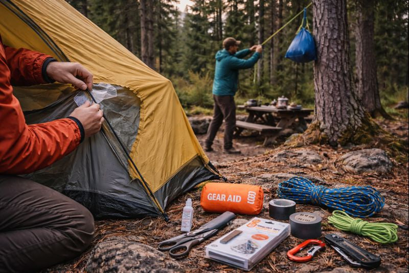 Campamento en el bosque: una persona repara una tienda con kit de reparación y otra cuelga una bolsa de comida con cuerda en un árbol, luz natural al atardecer.