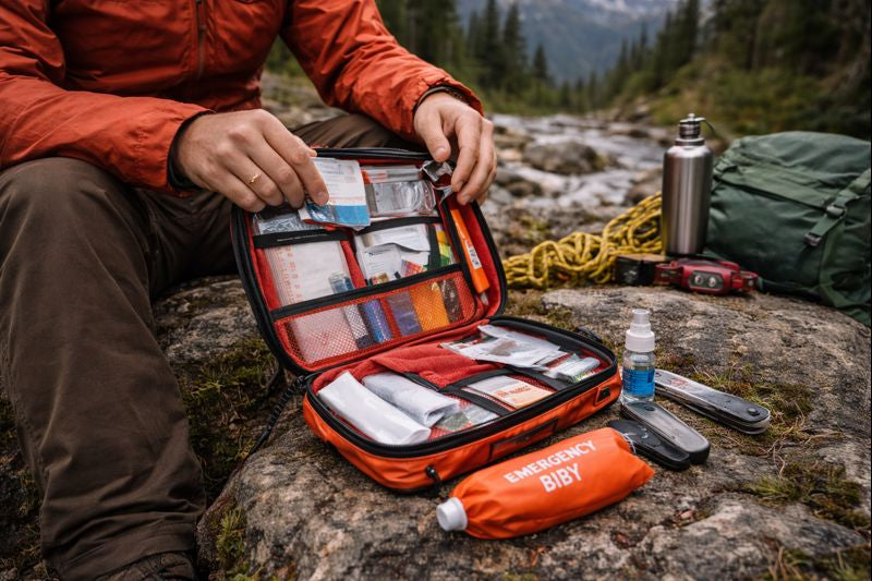 Senderista revisando un botiquín de primeros auxilios con material organizado junto a equipo de emergencia en un entorno de montaña, luz natural.