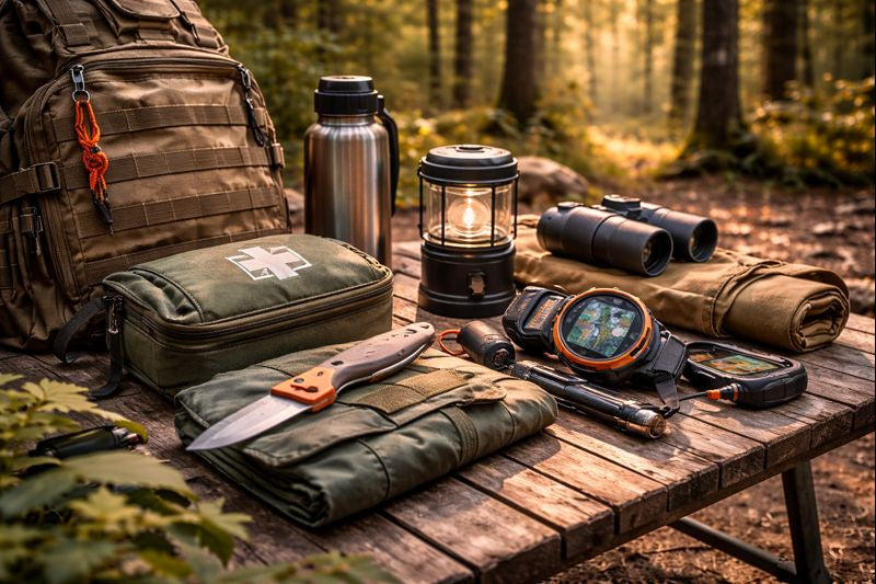 Equipo de outdoor recién preparado sobre una mesa de camping en un bosque, con accesorios esenciales organizados y luz natural suave.