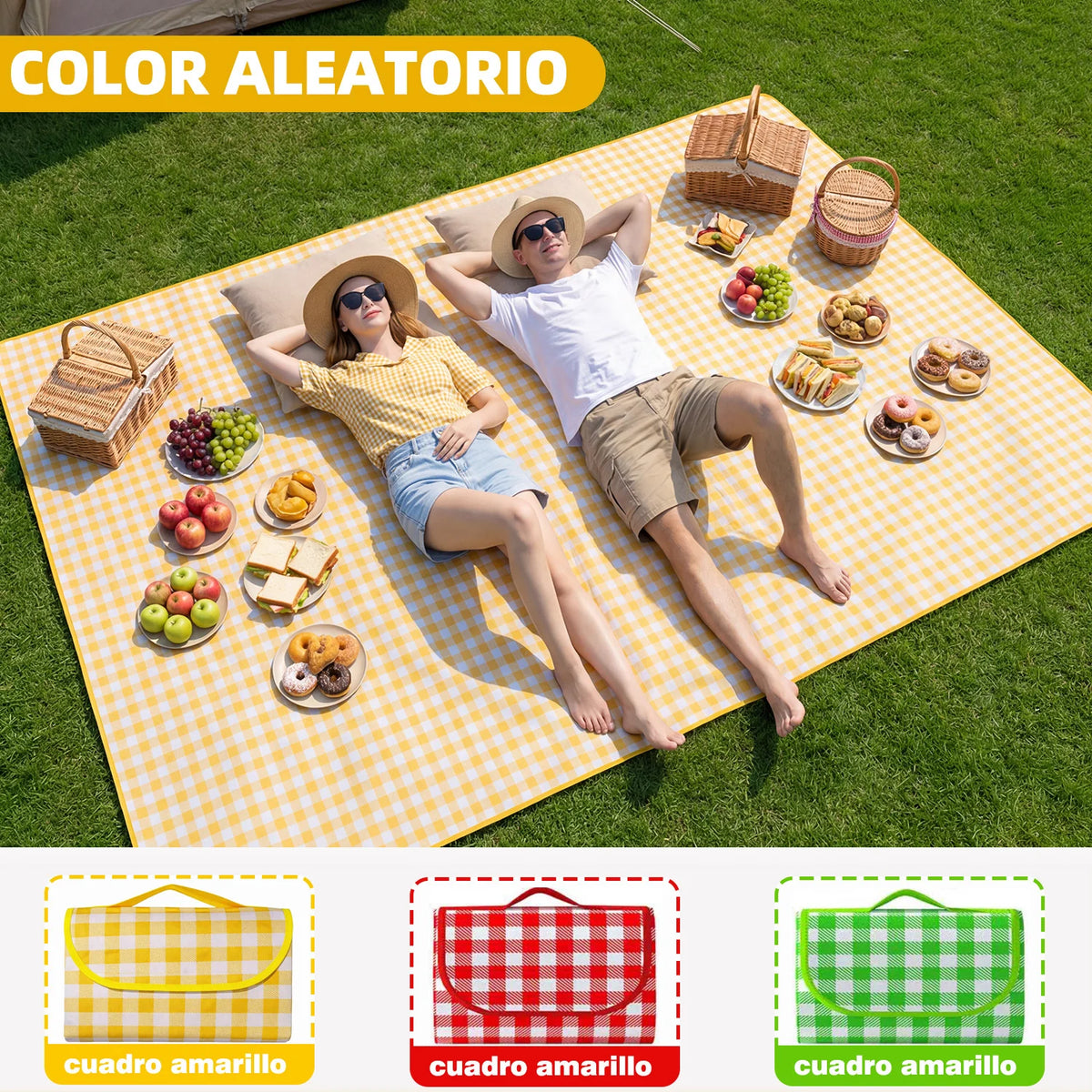Manta de Picnic y Playa Impermeable Plegable Aislante para Exterior - 3 Tamaños Clásico Diseño a Cuadros Colores Aleatorios Rojo Verde Amarillo