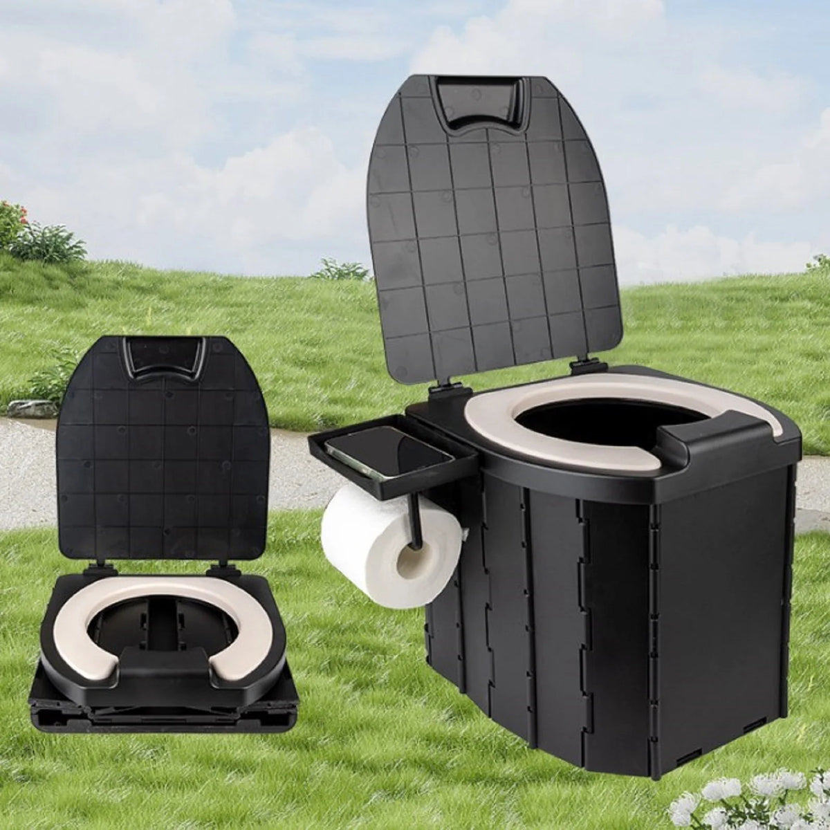 Inodoro Plegable Portátil para Exterior con Tapa de PU