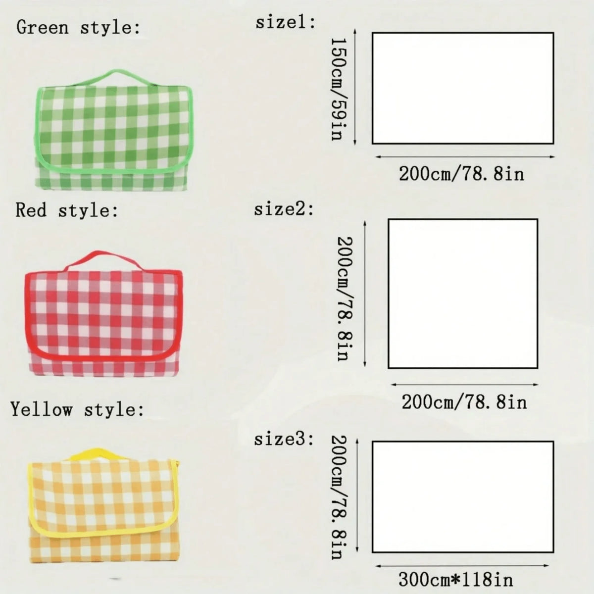 Manta de Picnic y Playa Impermeable Plegable Aislante para Exterior - 3 Tamaños Clásico Diseño a Cuadros Colores Aleatorios Rojo Verde Amarillo