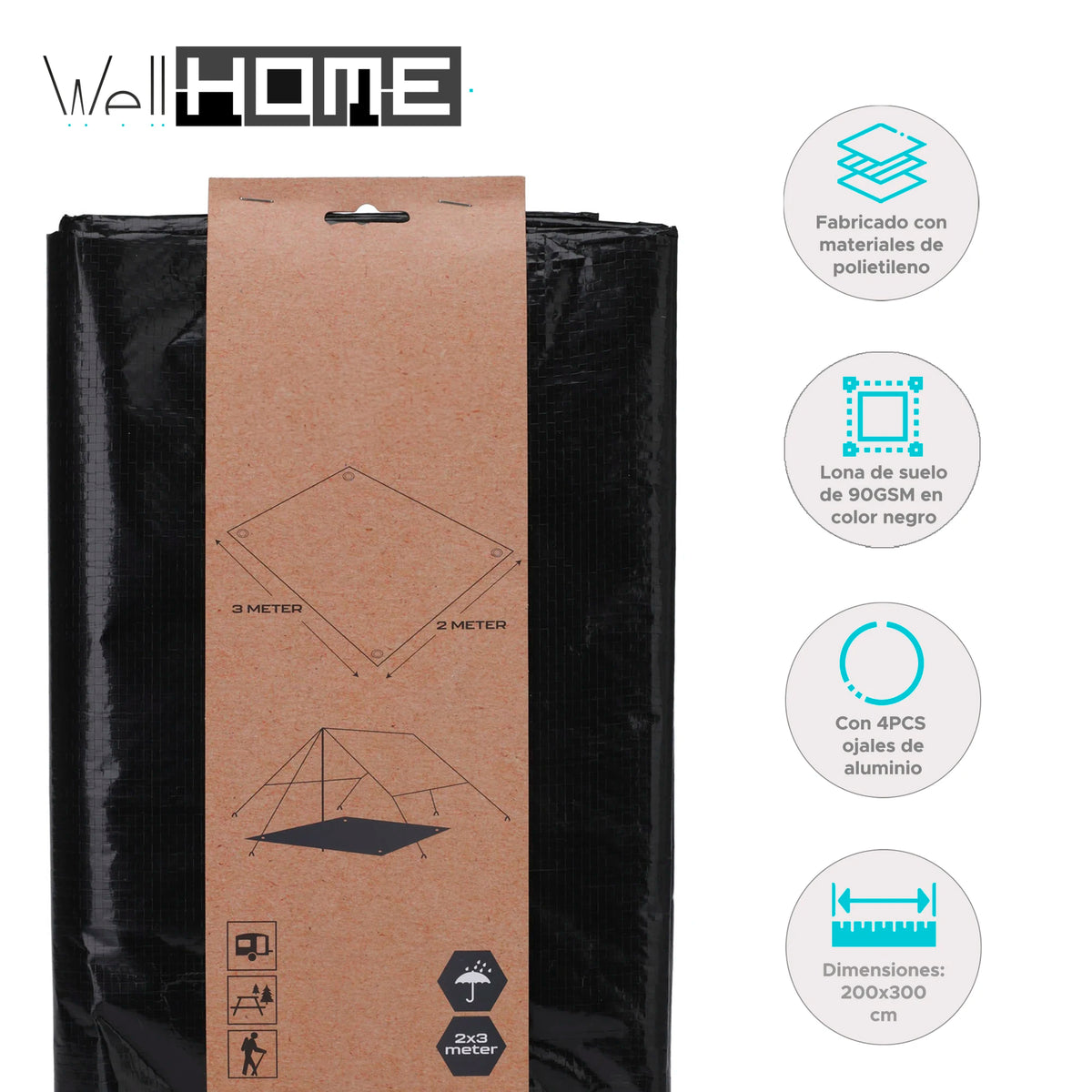 Lona de suelo WELLHOME 2x3 metros, 90gsm, color negro