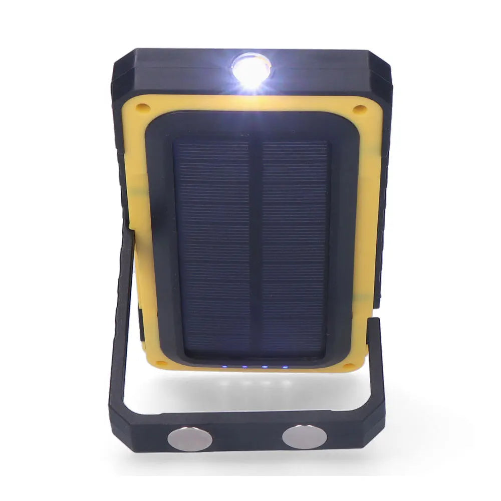 Linterna LED Solar EDM 36126 - Powerbank recargable con carga USB y solar, 10W, 750lm, 3 niveles de brillo, base magnética, ideal para camping y emergencias
