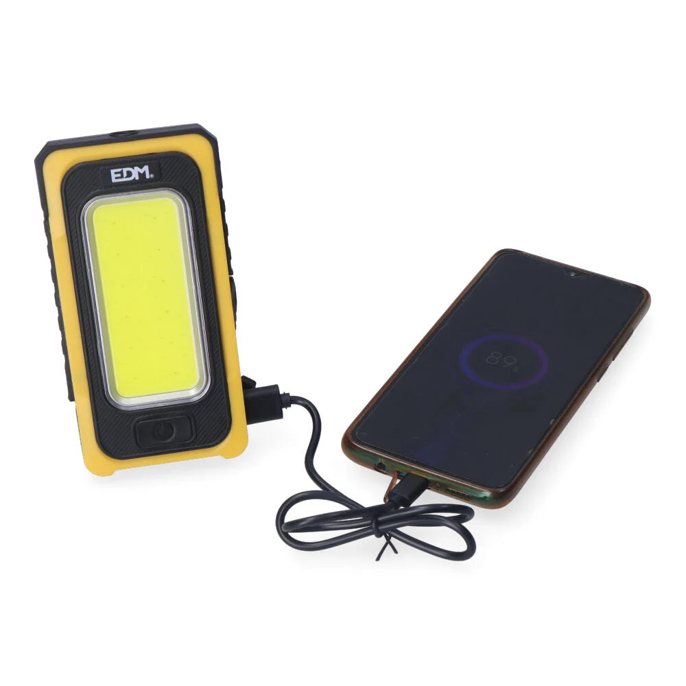 Linterna LED Solar EDM 36126 - Powerbank recargable con carga USB y solar, 10W, 750lm, 3 niveles de brillo, base magnética, ideal para camping y emergencias