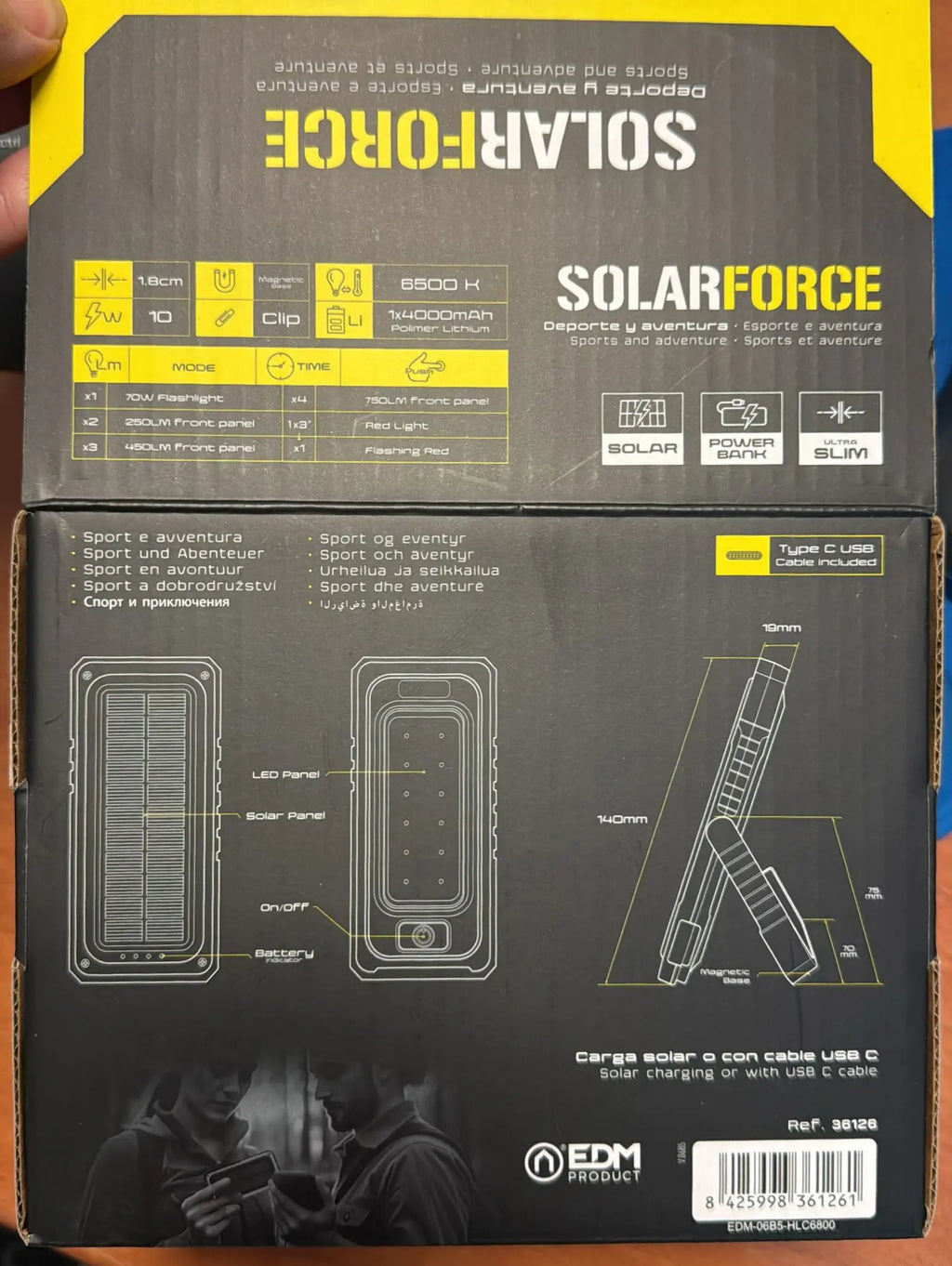 Linterna LED Solar EDM 36126 - Powerbank recargable con carga USB y solar, 10W, 750lm, 3 niveles de brillo, base magnética, ideal para camping y emergencias