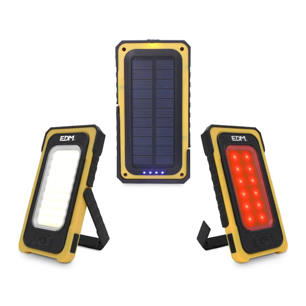 Linterna LED Solar EDM 36126 - Powerbank recargable con carga USB y solar, 10W, 750lm, 3 niveles de brillo, base magnética, ideal para camping y emergencias