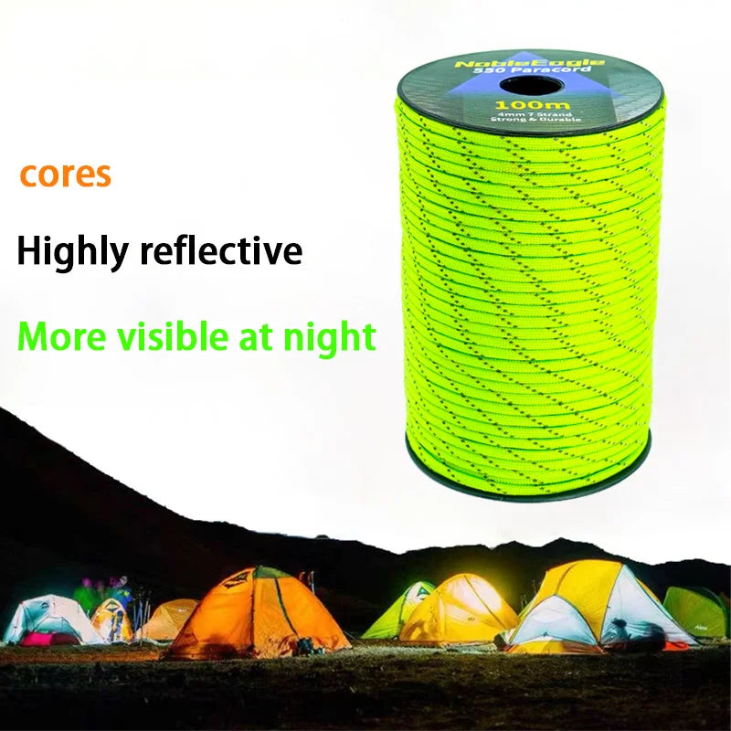 Cuerda Paracord Reflectante Militar 7 Hilos 4mm 550 Lbs para Camping, Tienda y Pulseras DIY