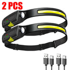 Linterna Frontal LED Recargable USB con Sensor XPE+COB para Camping y Pesca