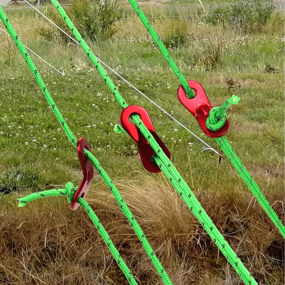 Paquete de 10 Cuerdas Reflectantes para Tienda (4mm) – Alta Visibilidad, Resistencia al Viento y Brillo Nocturno, con Ajustadores de Tensión; Ideales para Camping, Senderismo y Toldos