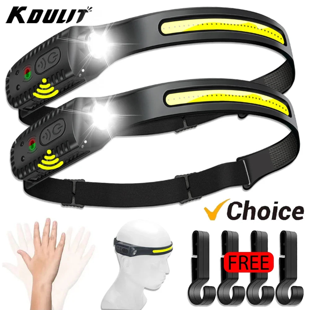 Linterna Frontal LED Recargable USB con Sensor XPE+COB para Camping y Pesca