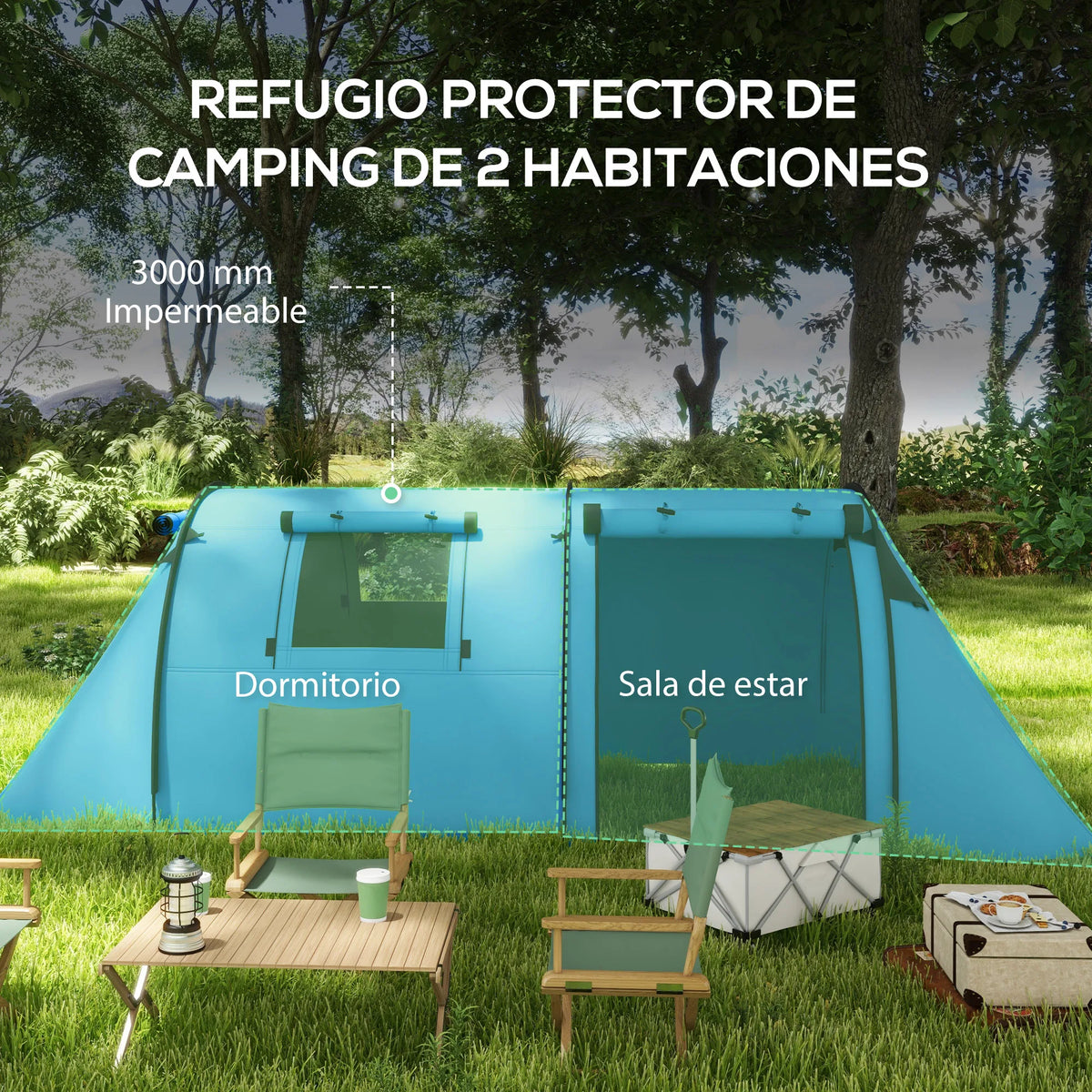 Tienda de campaña para 3 personas con ventanas, gancho, impermeable 3000mm y bolsa de transporte, 470x220x150 cm, azul cielo