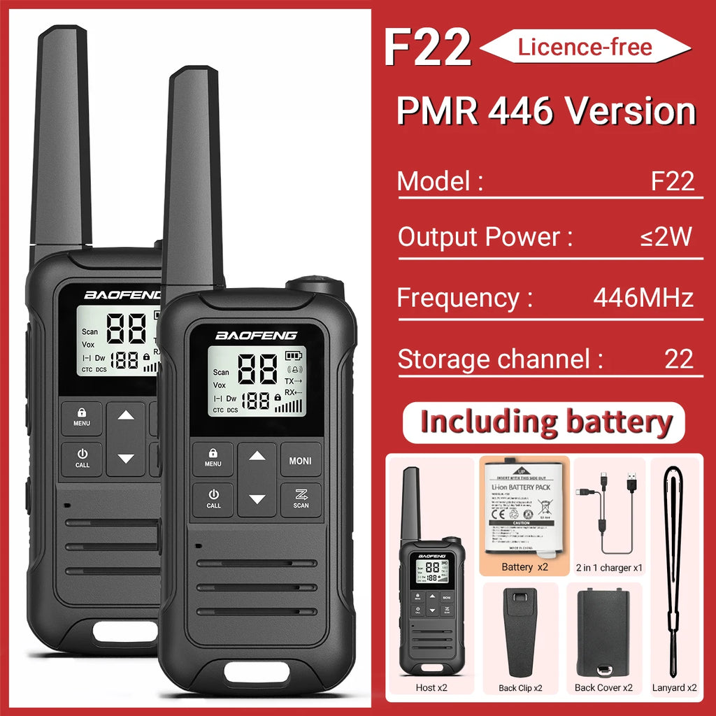 2 Radios Baofeng F22 Mini Walkie Talkie PMR 446MHz Largo Alcance NOAA Cargador Tipo-C Portátiles para Senderismo