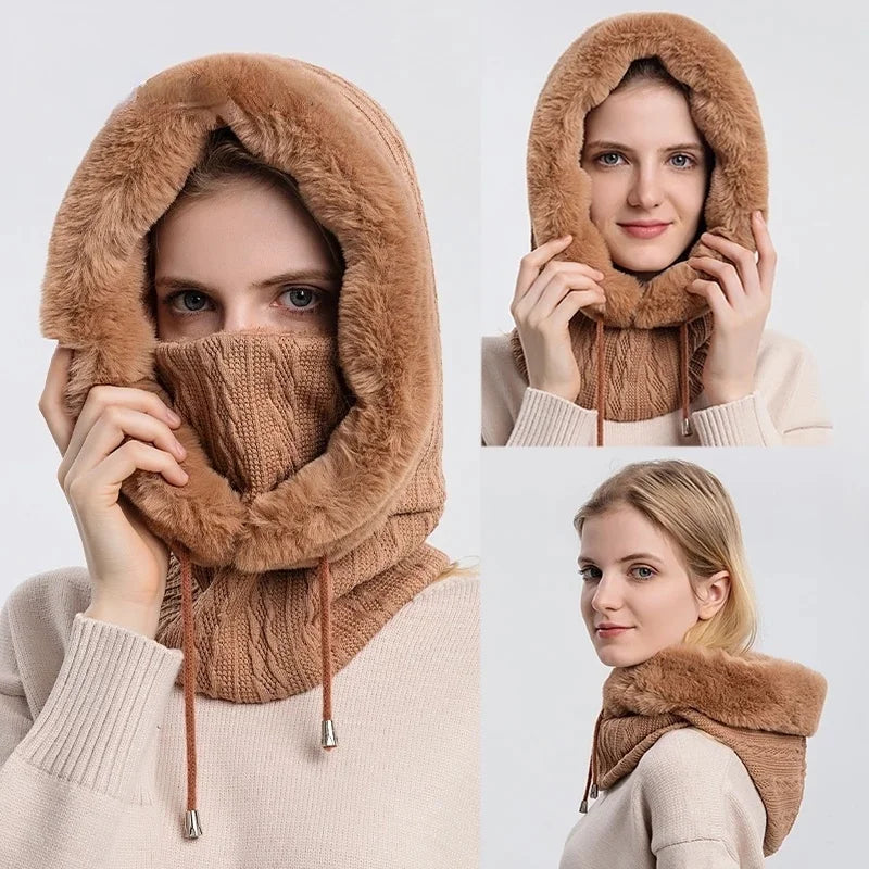 Gorro de Invierno con Máscara y Capucha para Mujer, Tejido de Cachemira, Calidez para Cuello, Esquí y Outdoor, Antiviento, Forro de Felpa, Estilo Ruso