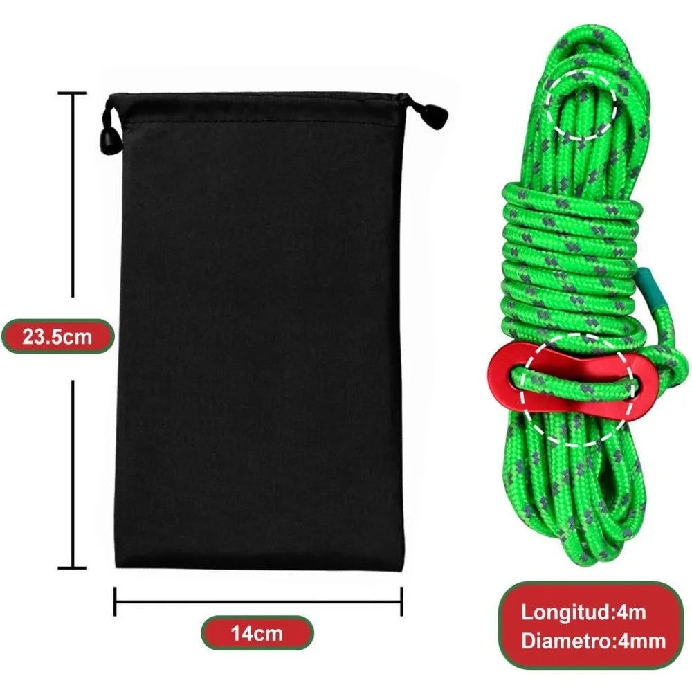 Paquete de 10 Cuerdas Reflectantes para Tienda (4mm) – Alta Visibilidad, Resistencia al Viento y Brillo Nocturno, con Ajustadores de Tensión; Ideales para Camping, Senderismo y Toldos