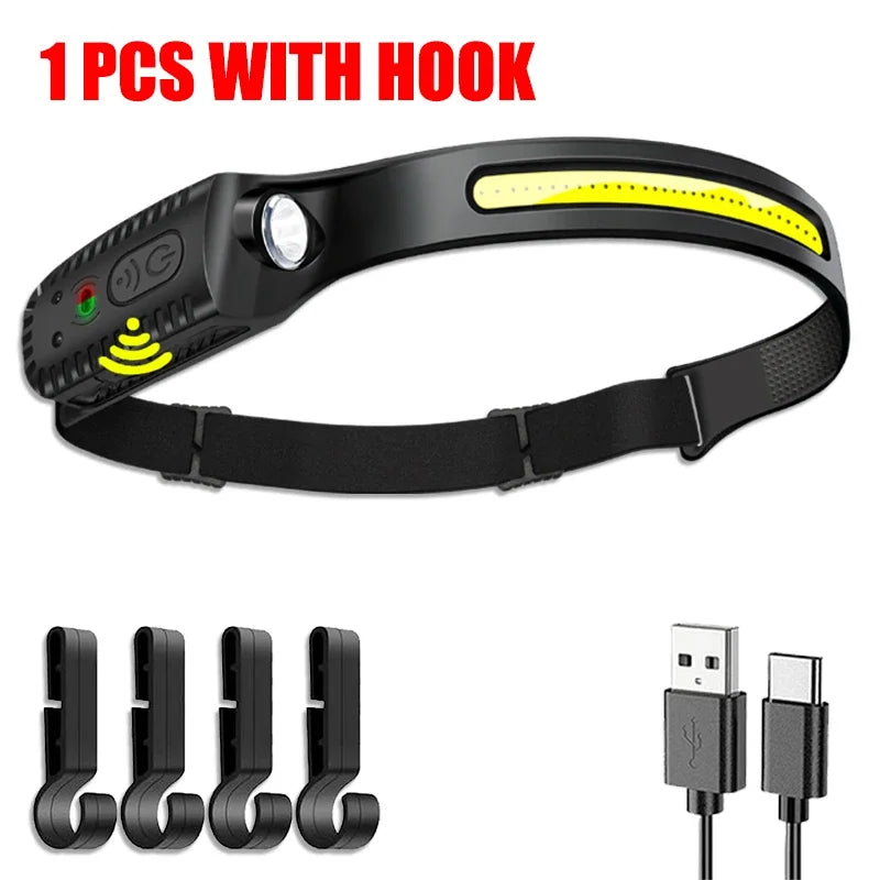 Linterna Frontal LED Recargable USB con Sensor XPE+COB para Camping y Pesca