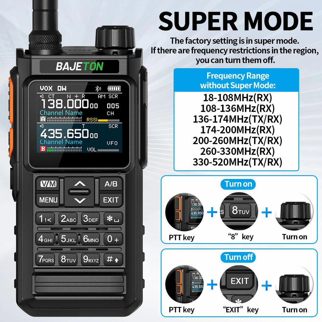 BAJETON BJ7700 Walkie Talkie Multibanda Bluetooth Programable, Reducción de Ruido, AM/FM Radio Ham para Camping BJ8200
