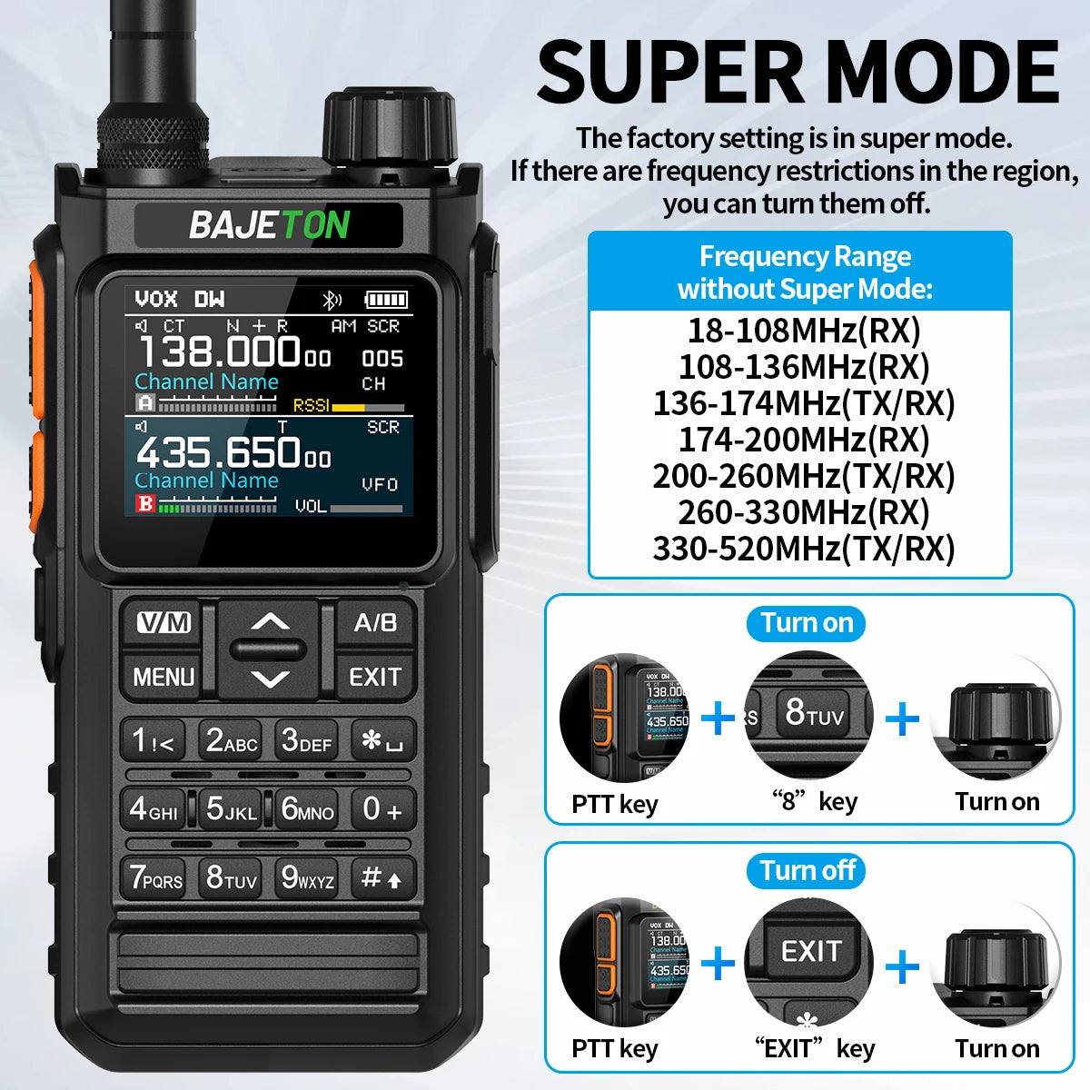 BAJETON BJ7700 Walkie Talkie Multibanda Bluetooth Programable, Reducción de Ruido, AM/FM Radio Ham para Camping BJ8200
