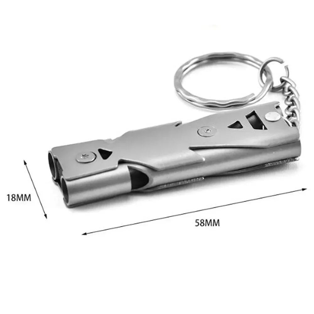 Silbato Doble Tubo Portátil de Acero Inoxidable para Supervivencia y Camping – Alta Potencia, Llavero de Emergencia