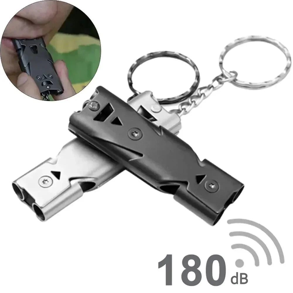 Silbato Doble Tubo Portátil de Acero Inoxidable para Supervivencia y Camping – Alta Potencia, Llavero de Emergencia