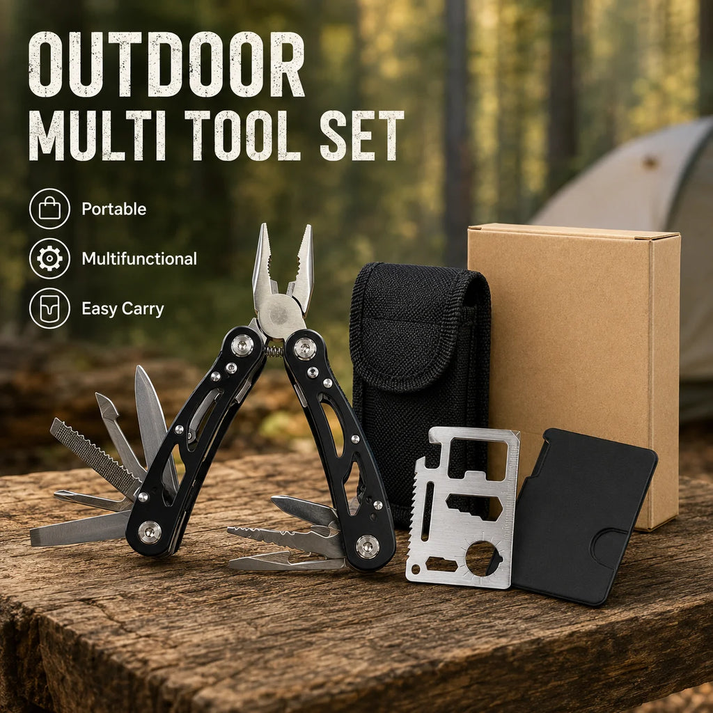 Set de 2 Herramientas Multiusos para Exterior: Alicates Plegables y Tarjeta de Bolsillo para Campamento y Reparaciones