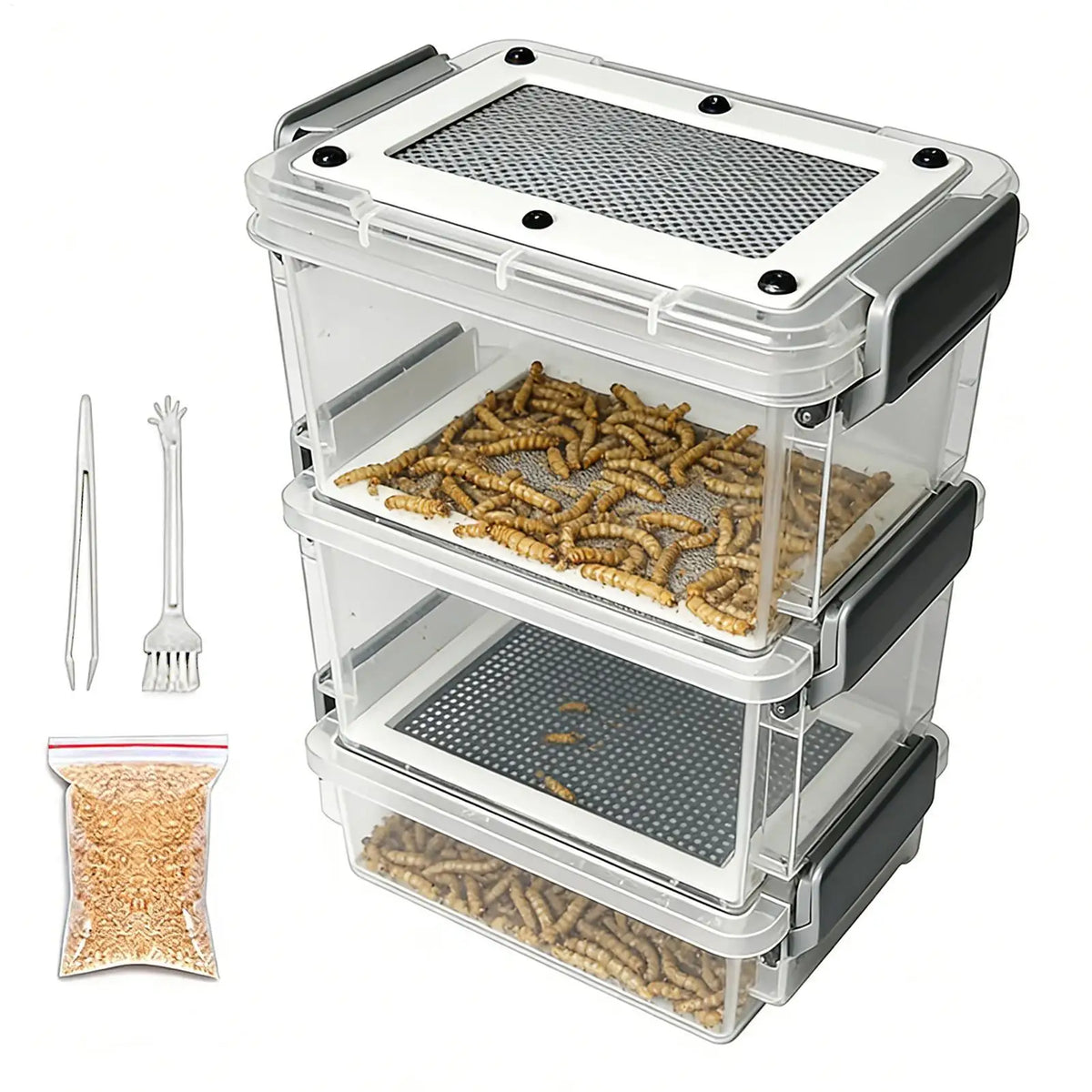 Kit de Cría de Tenebrios 3 Niveles Contenedor para Cría de Gusanos y Alimentador de Gusanos de Seda
