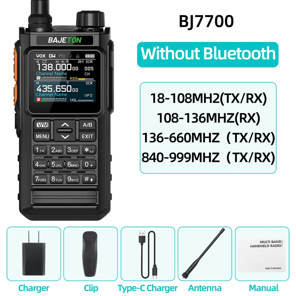 BAJETON BJ7700 Walkie Talkie Multibanda Bluetooth Programable, Reducción de Ruido, AM/FM Radio Ham para Camping BJ8200