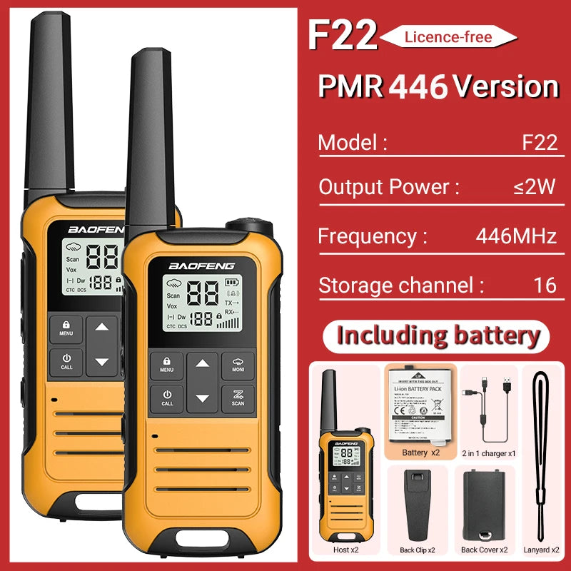 2 Radios Baofeng F22 Mini Walkie Talkie PMR 446MHz Largo Alcance NOAA Cargador Tipo-C Portátiles para Senderismo
