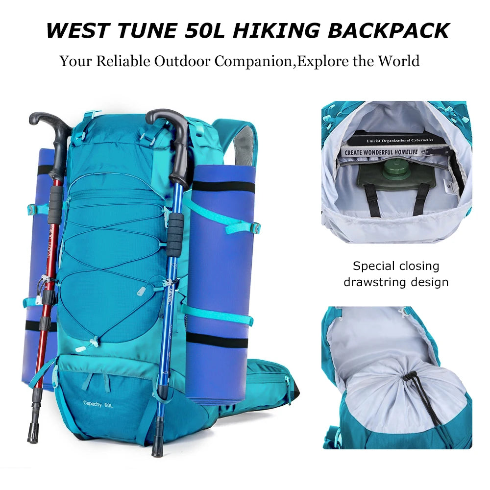 Mochila de Senderismo WESTTUNE 50L con Cubierta Impermeable – Mochila Multifuncional para Montañismo, Viaje y Camping