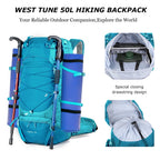 Mochila de Senderismo WESTTUNE 50L con Cubierta Impermeable – Mochila Multifuncional para Montañismo, Viaje y Camping