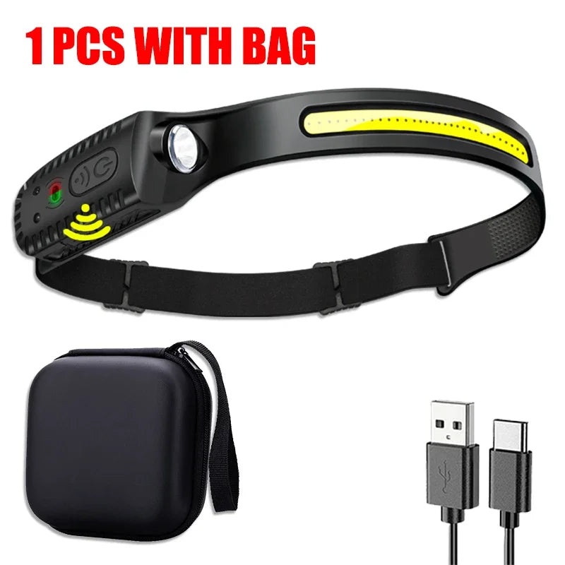 Linterna Frontal LED Recargable USB con Sensor XPE+COB para Camping y Pesca