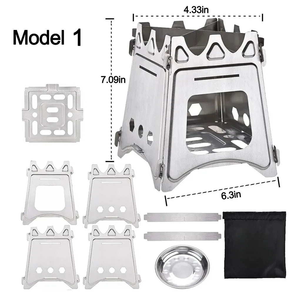 Estufa de Madera Portátil para Camping de Acero Inoxidable, Plegable y Ligera para Senderismo, Viajes, BBQ y Picnic