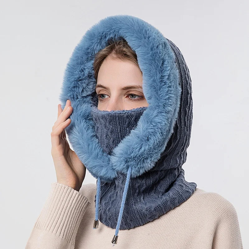 Gorro de Invierno con Máscara y Capucha para Mujer, Tejido de Cachemira, Calidez para Cuello, Esquí y Outdoor, Antiviento, Forro de Felpa, Estilo Ruso