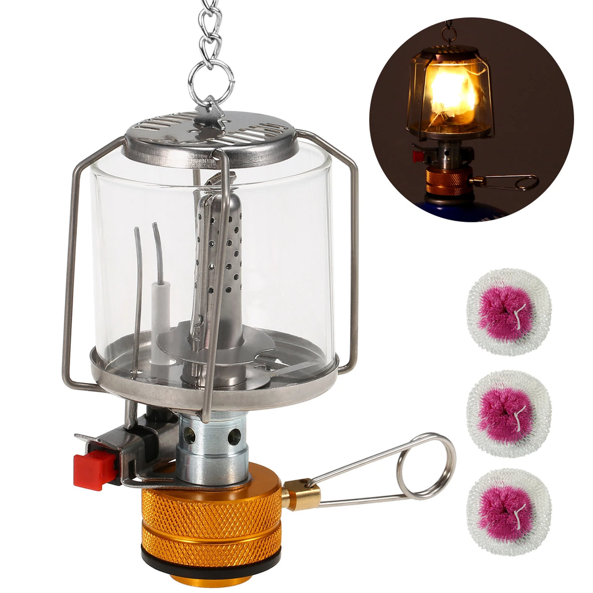 Linterna de Gas Portátil para Camping con Encendido Piezoeléctrico y 3 Camisas de Repuesto