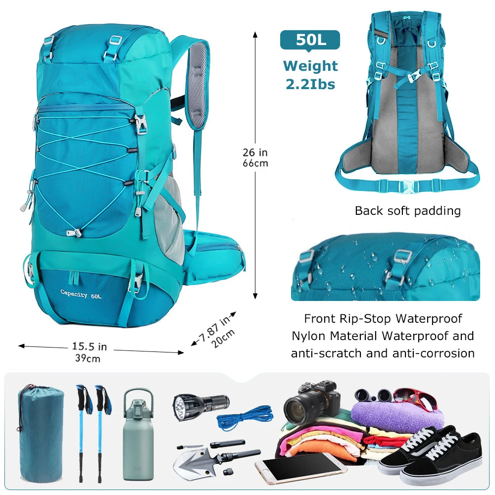 Mochila de Senderismo WESTTUNE 50L con Cubierta Impermeable – Mochila Multifuncional para Montañismo, Viaje y Camping