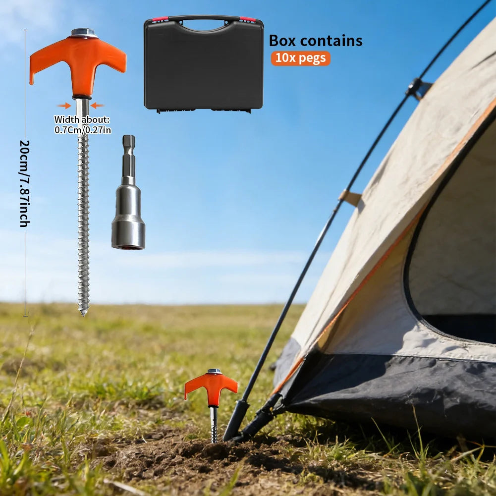 10 Estacas de Tornillo Pesadas para Tienda de Campaña (10 piezas) con Caja de Almacenamiento – Anclajes Resistentes a la Corrosión para Camping y Jardín