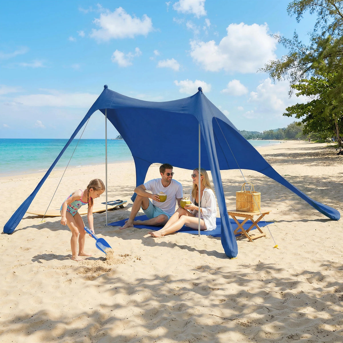 Alfombra de Playa Plegable UPF50+ con Patas de Aluminio y Bolsa Azul