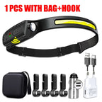 Linterna Frontal LED Recargable USB con Sensor XPE+COB para Camping y Pesca