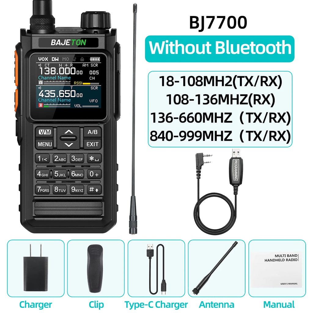 BAJETON BJ7700 Walkie Talkie Multibanda Bluetooth Programable, Reducción de Ruido, AM/FM Radio Ham para Camping BJ8200