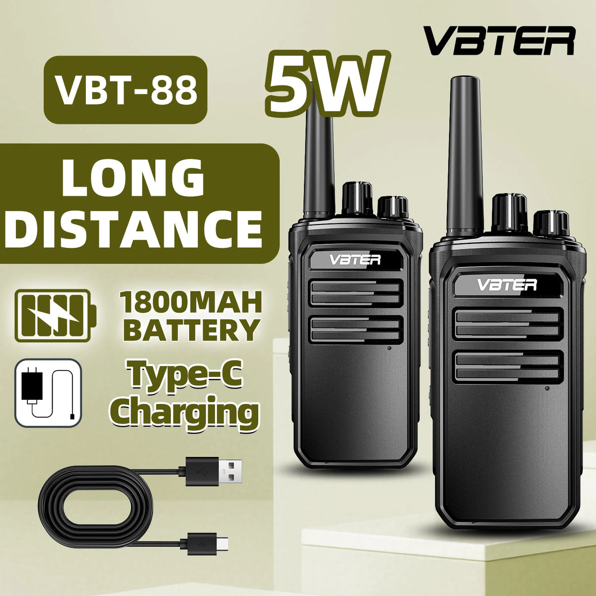 Walkie Talkie VBTER VBT-88 PMR446 Portátil | 16 Canales | 3-5km Alcance | Radio Bidireccional de Mano