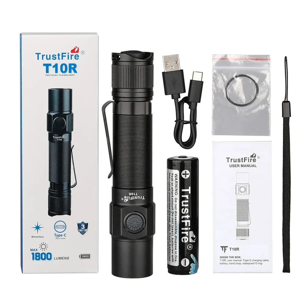 Trustfire T10R Linterna Táctica 1800 Lúmenes Recargable USB Tipo C 18650 LED para Uso Militar y Outdoor