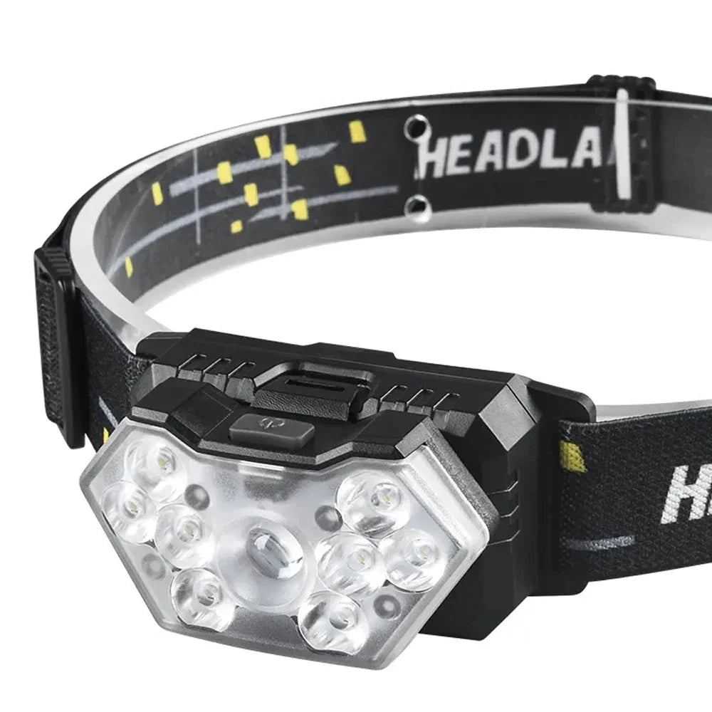 Linterna Frontal 9 LED Recargable USB con Sensor de Movimiento para Camping, Pesca y Trabajo al Aire Libre