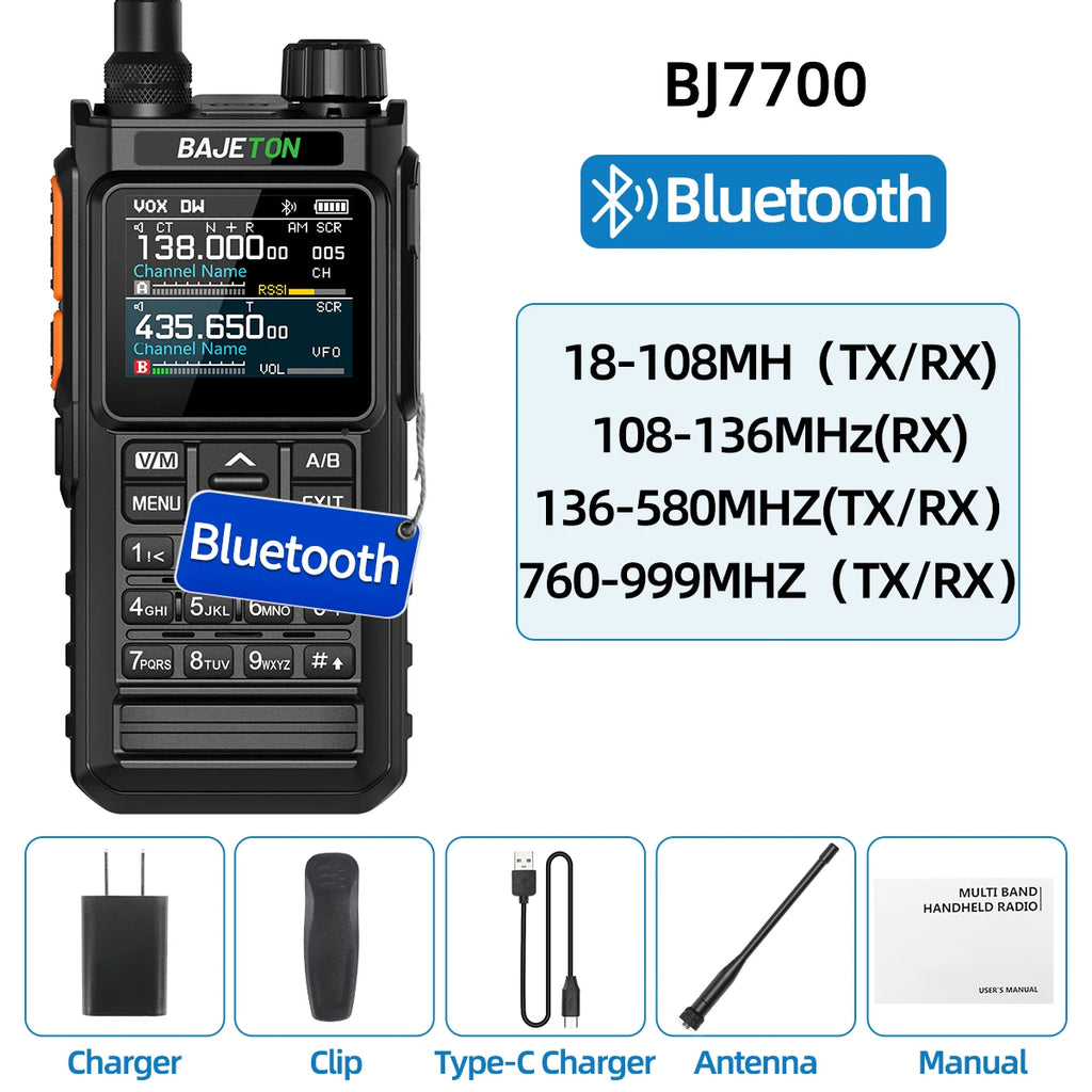 BAJETON BJ7700 Walkie Talkie Multibanda Bluetooth Programable, Reducción de Ruido, AM/FM Radio Ham para Camping BJ8200