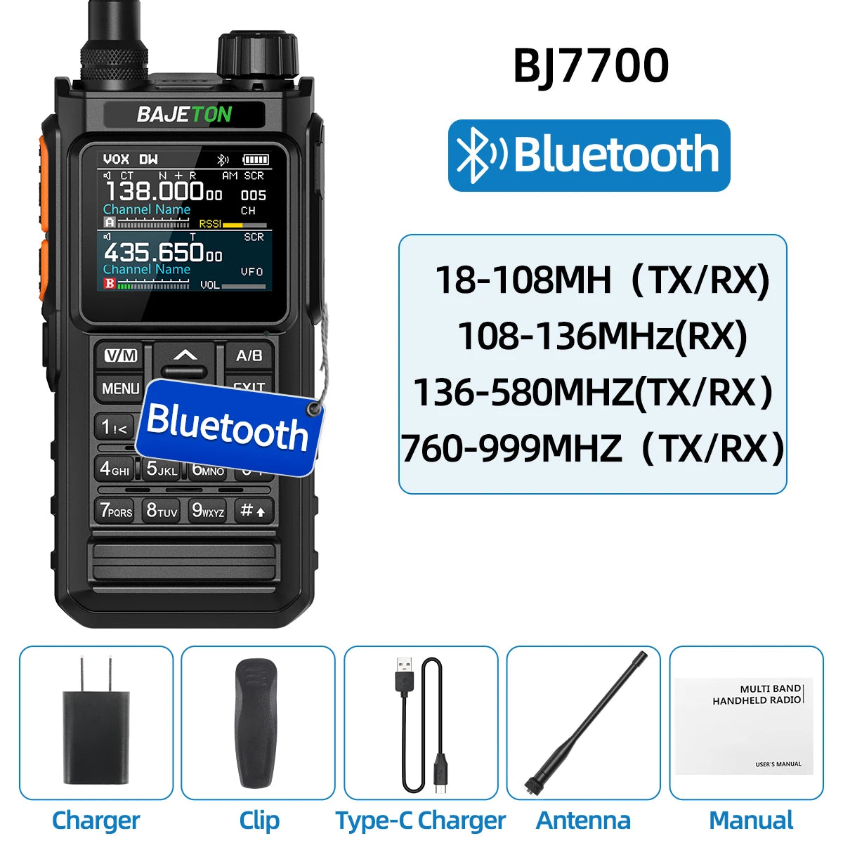 BAJETON BJ7700 Walkie Talkie Multibanda Bluetooth Programable, Reducción de Ruido, AM/FM Radio Ham para Camping BJ8200